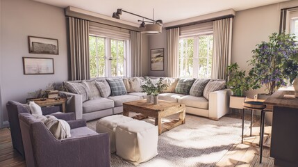 Fototapeta premium A welcoming living area filled with comfortable seating a wooden coffee table and greenery.
