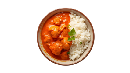 Butter chicken with rice, spicy Indian soul food meal, top view, flat lay, png, isolated on transparent background, perfect for food marketing and advertising