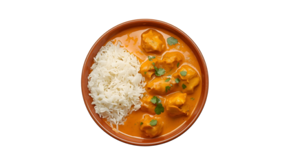 creamy butter chicken with rice, spicy Indian soul food meal, top view, flat lay, png, isolated on transparent background, perfect for food marketing and advertising