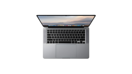 Laptop with silver body and visual background on display, top-down flat lay, png, isolated on transparent background, perfect for design and marketing