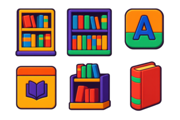 Set of book icons with a red book on the right. The icons are colorful and include a book, a shelf, and a letter A