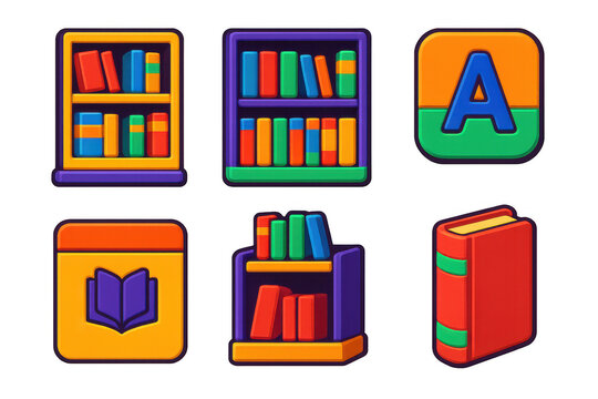 Set of book icons with a red book on the right. The icons are colorful and include a book, a shelf, and a letter A - Powered by Adobe
