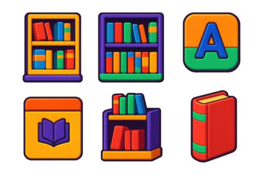 Set of book icons with a red book on the right. The icons are colorful and include a book, a shelf, and a letter A