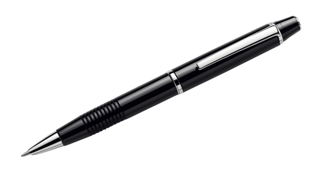 black ballpoint pen with metallic highlights, png, isolated on transparent background, perfect for design and marketing