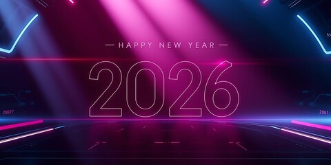 Futuristic Happy New Year 2026 banner with neon pink and blue lighting, glowing numbers, and a reflective cyber background. Celebration and technology.