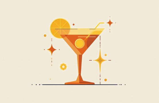 Modern flat design illustration of a cocktail glass with an orange slice and straw. Festive stars and dots surround the drink. Simple, geometric bar drink icon for celebration themes.