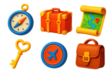 Collection of cartoonish objects, including a suitcase, a compass, a key, and a map. The objects are all in different colors and sizes, and they appear to be related to travel or navigation