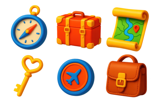 Collection of cartoonish objects, including a suitcase, a compass, a key, and a map. The objects are all in different colors and sizes, and they appear to be related to travel or navigation