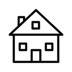 Simple black line art icon of a detached house with a pitched roof and windows