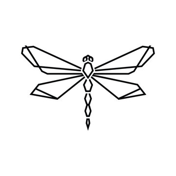 Geometric dragonfly silhouette with angular wings and segmented body in outline style