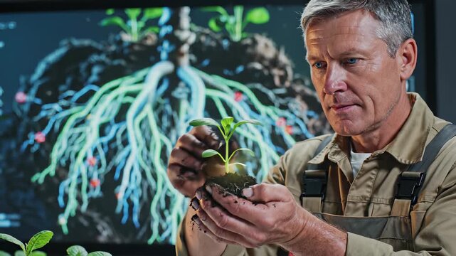 Man tenderly holds plant in front of computer screen showcasing innovative agricultural practices for future, combining natural world with modern technology to highlight benefits for environment.