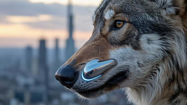 Hyperdetailed Close-up of a Wolf Wearing a Futuristic Glowing Nose Device