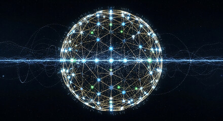 Dynamic glowing digital sphere representing global network and data flow with abstract energy waves in dark space