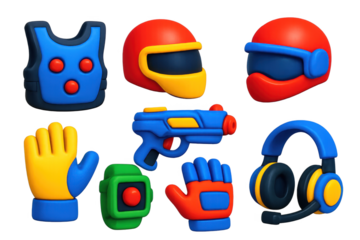 Collection of cartoonish items, including a helmet, a vest, and a gun. The items are all brightly colored and seem to be part of a playful or whimsical design