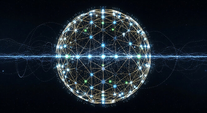 Dynamic glowing digital sphere representing global network and data flow with abstract energy waves in dark space