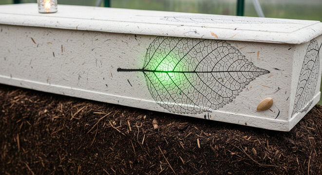 Eco-friendly burial box illuminated by a glowing green leaf design.
A close-up view of a minimalist, light-colored biodegradable or natural fiber coffin, resting atop a mound of dark soil or compost