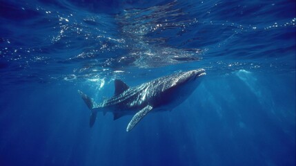 Fototapeta premium A whale shark swims peacefully in vibrant blue water basking in sunlight beams.