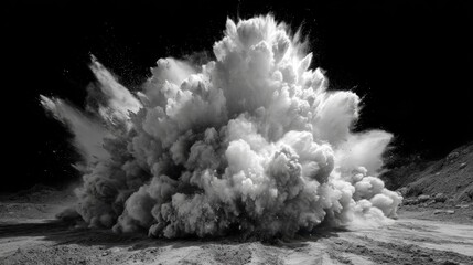 Dust and debris erupt dramatically from the ground as a large explosion occurs during work.