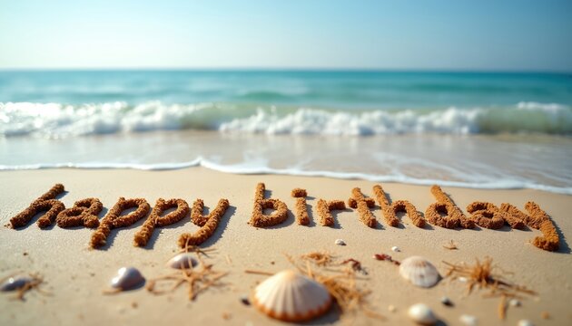 Happy birthday text written on beach sand. Sea shells decorate sand near ocean. Tropical coast vacation holiday message. Birthday celebration on beach resort seascape. Summertime party greeting