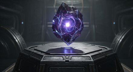Mysterious glowing crystal pulsing with ethereal energy levitates above a futuristic display pedestal, captivating with its cosmic power and otherworldly allure.