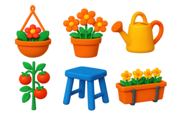 Set of six different garden items, including a potted plant, a watering can, a blue stool, a tomato plant, a vase, and a chair