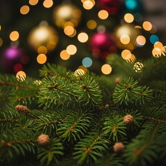 Vintage Festive Glow with Abstract Bokeh Lights Framing Close-Up Pine Branches