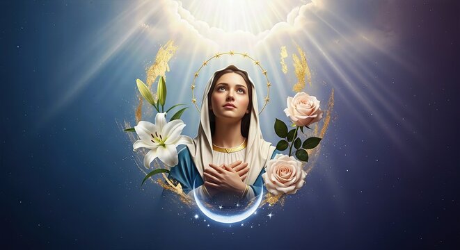 Blessed Virgin Mary, pure maiden, gazes toward radiant heavenly light, her divine halo shines. White lilies, soft roses, and crescent moon adorn her holy image. A celebration of Immaculate Conception.