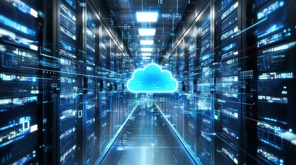 Dynamic digital cloud data center with glowing blue servers and abstract light streaks symbolizing connectivity and innovation