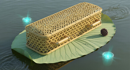 Bamboo woven casket floating on a large lily pad in calm water.
A serene and symbolic image showing a small, natural, light-colored bamboo or wicker woven casket floating gently