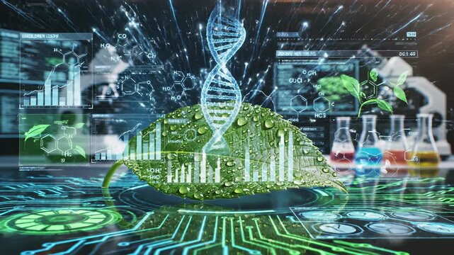 Microscope and DNA model sit on a table next to a leaf with water droplets glistening on its surface, combining natural world and biotechnology concepts in agricultural innovations.