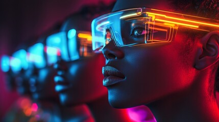 Immersive futuristic vision with a woman wearing vibrant neon-lit augmented reality glasses, exploring new dimensions.
