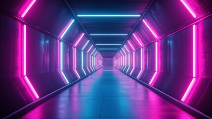 Vibrant neon corridor pulses with futuristic energy, drawing viewers into an immersive cyberpunk world of endless possibility and modern design.