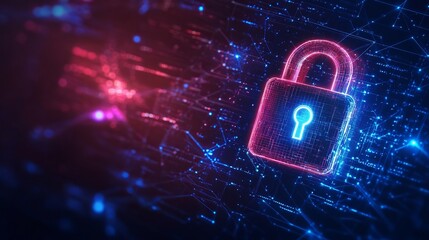 Secure your digital world with this stunning neon padlock glowing amidst abstract data streams and futuristic network connections