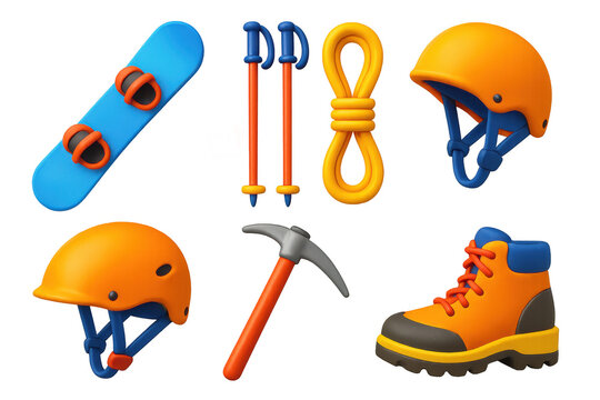 Collection of sports equipment including a helmet, snowboard, skis, and a pickaxe - Powered by Adobe