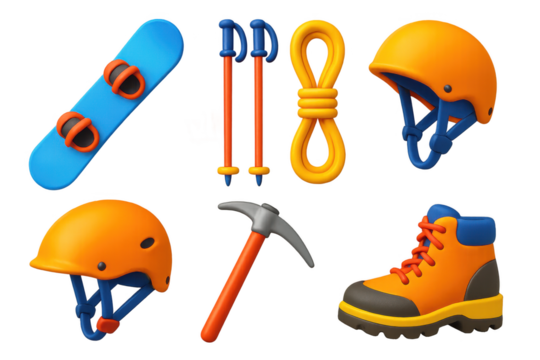 Collection of sports equipment including a helmet, snowboard, skis, and a pickaxe - Powered by Adobe