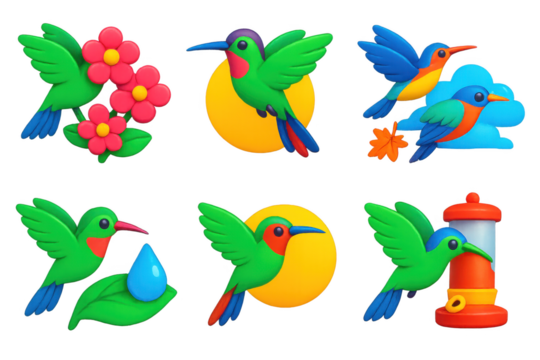Set of six bird icons, each with a different color and design, including a hummingbird with a flower and a bird with a water bottle