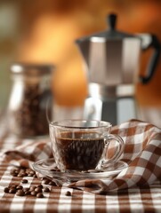 A cup of coffee and beans, coffee maker with bokeh on background, warm and cozy