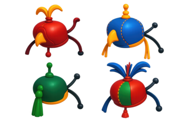 Four hats with different colors and designs. The hats are all different from each other and are placed in a row