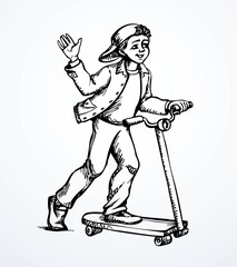 Vector drawing. A boy riding a scooter