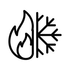 Simple line art icon representing the contrast between fire and snow or ice