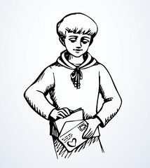 Vector drawing. A boy sends a letter in an envelope