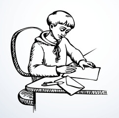 Vector drawing. Boy writing letter