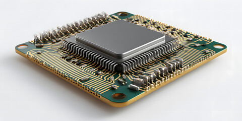 Realistic computer chip on a white background.