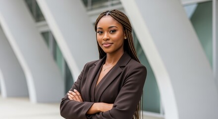 A confident young professional woman in a smart business suit stands before a modern glass building, her friendly expression conveying a sense of assurance.