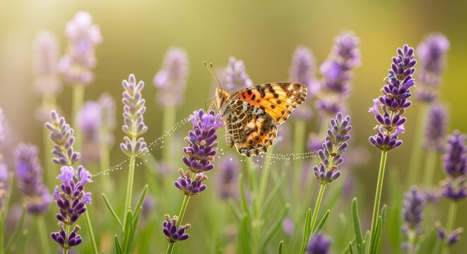 Vibrant butterfly perched on lavender flower in serene field. Patterned wings in orange, black, and white beautifully contrast the purple blossoms, creating a tranquil natural scene. - Powered by Adobe