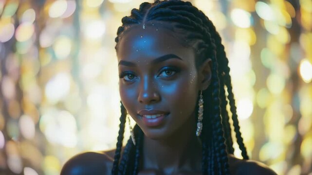 Black woman with glitter-adorned braids, illuminated by bright bokeh lights. 4k video
