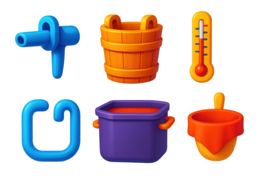 Set of six cartoonish objects, including a thermometer, a bucket, a pot, a bowl, a cup, and a bottle, are displayed on a white background. The objects are all brightly colored