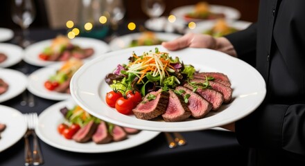 Rare beef steak served with a fresh salad of mixed greens, cherry tomatoes, and julienned carrots. The elegant presentation suggests a sophisticated culinary experience.