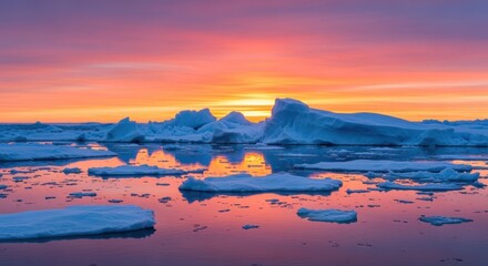 Breathtaking arctic sunset. Majestic icebergs reflect vibrant hues, creating a serene and mesmerizing scene. Tranquil waters mirror the dramatic colors, captivating the viewer.