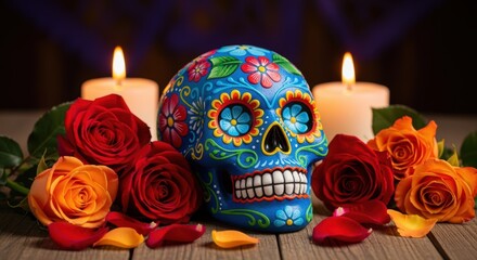 Vibrant Day of the Dead sugar skull surrounded by orange and red roses, candles creating a captivating and festive scene. The intricate floral patterns and colors evoke Mexican cultural traditions.
